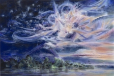 Payer, Wieland:  Lagune;  2023, Pastell, Aquarell und auf grundiertem MDF,  100 x 150 cm,     Foto: Herbert Boswank